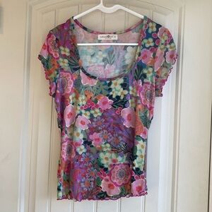 Natural Life hippie boho floral scoop neck lettuce trim short sleeve tee, Small